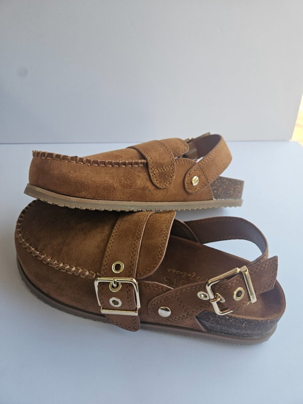 Brown Suede Buckle Clog Mule Slingback Cork Footbed Flat 7 NWT - Picture 3 of 11